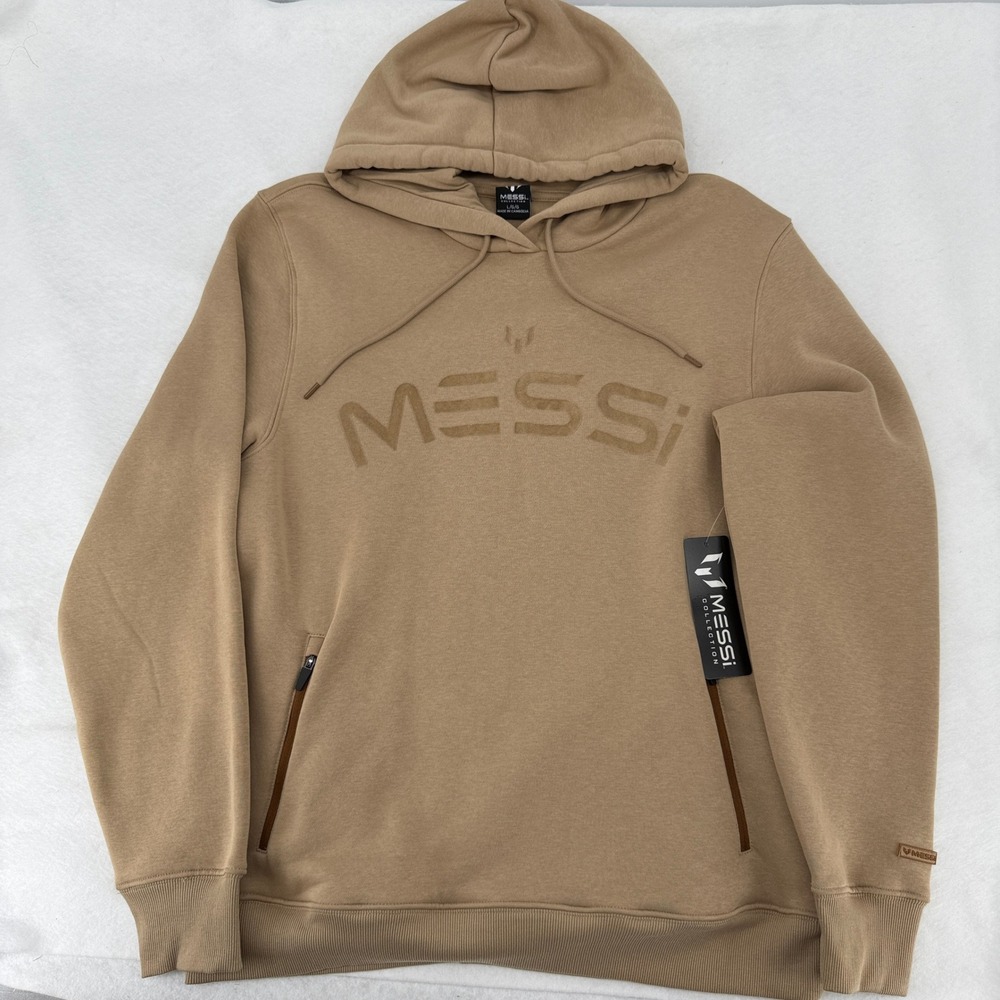 NEW Messi Collection Mens Hoodie Dark Beige Tan Embossed Logo Zipper Pockets L